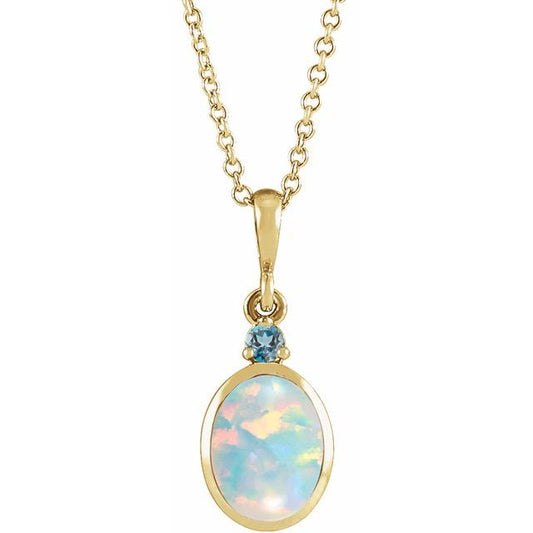 Lab Grown White Opal and Natural London Blue Topaz Bezel-Set Necklace in 14K Gold, Silver & Platinum