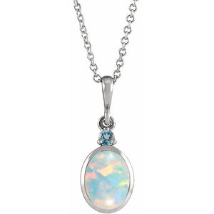 Lab Grown White Opal and Natural London Blue Topaz Bezel-Set Necklace in 14K Gold, Silver & Platinum