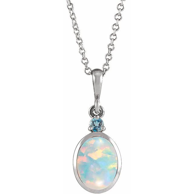 Oval Lab Grown White Opal and London Blue Topaz Bezel-Set Necklace in 14K Gold, Silver & Platinum