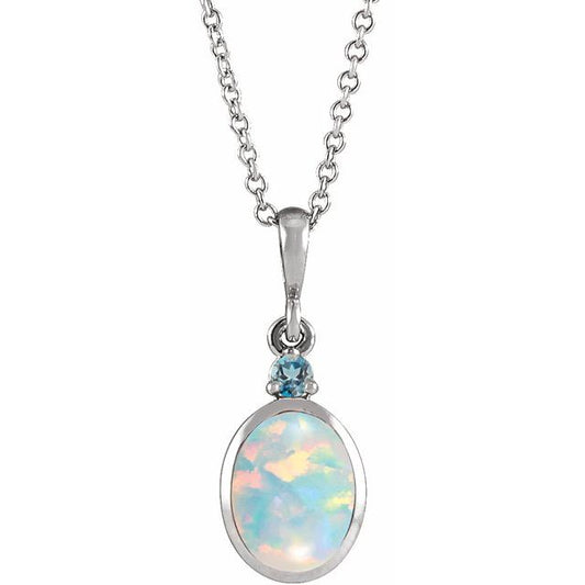 Oval Lab Grown White Opal and London Blue Topaz Bezel-Set Necklace in 14K Gold, Silver & Platinum