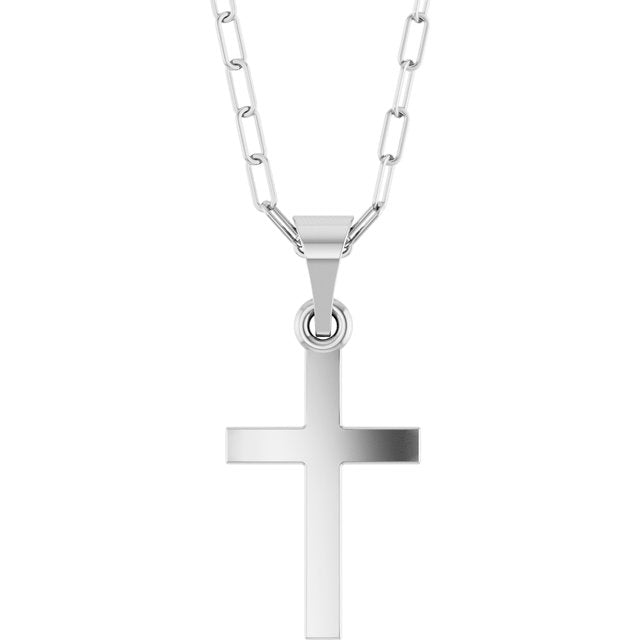 14K White Gold, 18" Paperclip-Style Chain Necklace with Cross Accent