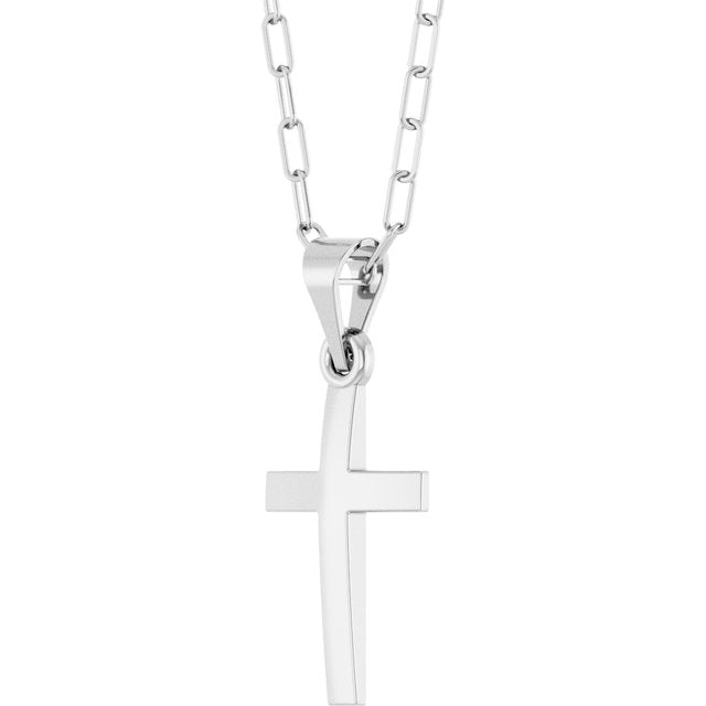 14K White Gold, 18" Paperclip-Style Chain Necklace with Cross Accent