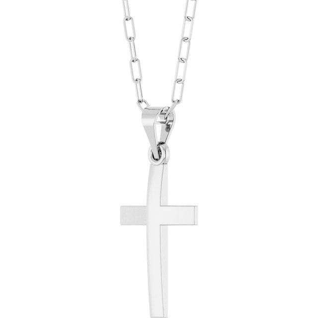 14K White Gold, 18" Paperclip-Style Chain Necklace with Cross Accent