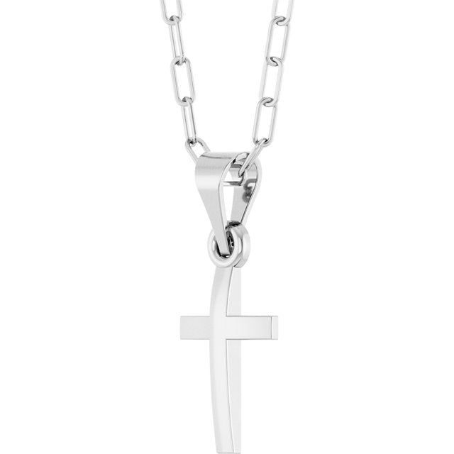 14K White Gold, 18" Paperclip-Style Chain Necklace with Cross Accent