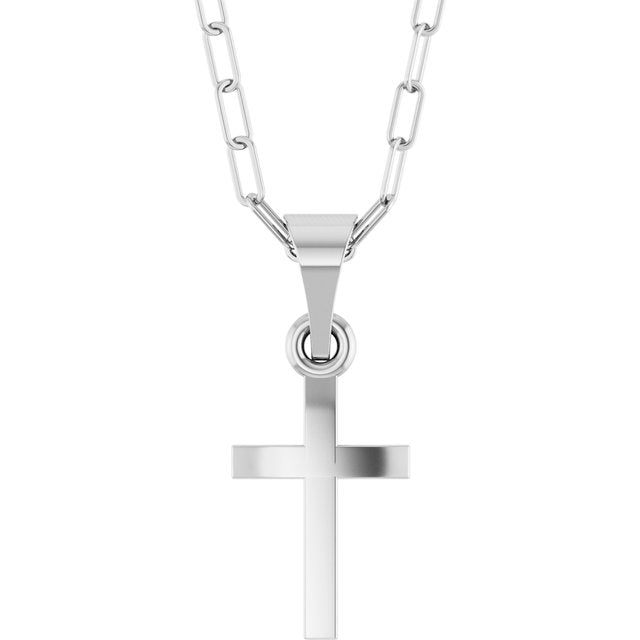 14K White Gold, 18" Paperclip-Style Chain Necklace with Cross Accent