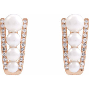 14K Yellow Gold Cultured White Freshwater Pearl & Diamond Hoop Earrings