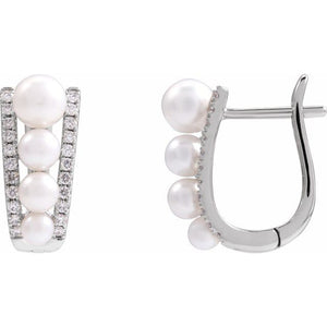 14K Yellow Gold Cultured White Freshwater Pearl & Diamond Hoop Earrings