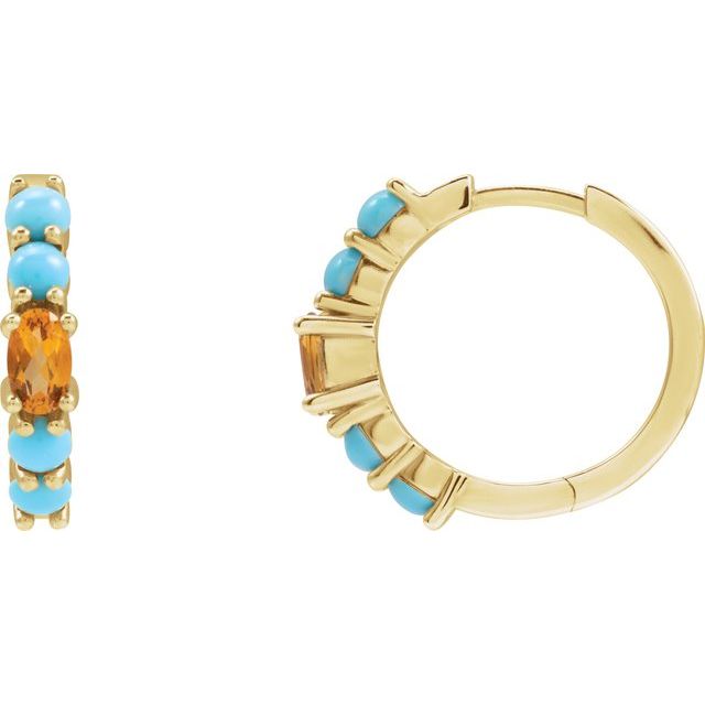 14K Rose Gold Huggie Hoop Earrings with Natural Citrine and Turquoise