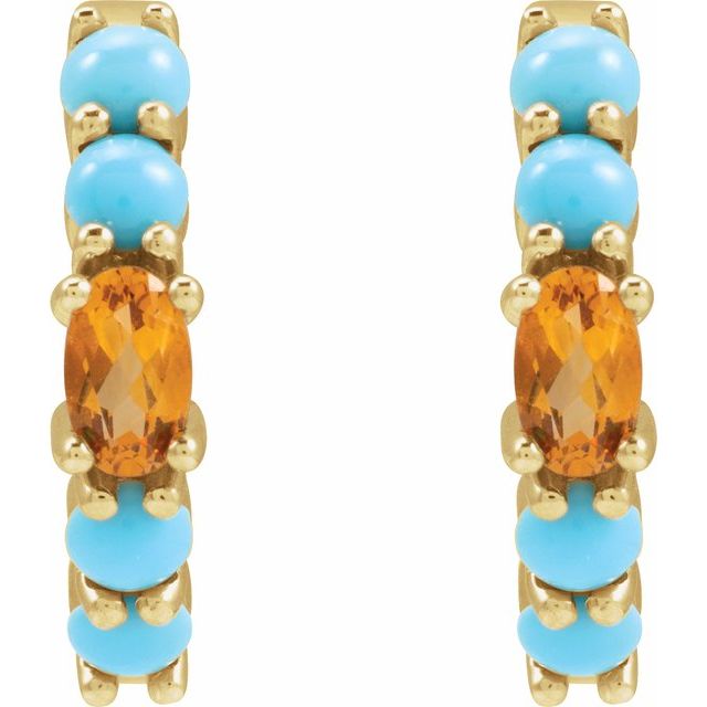 14K Rose Gold Huggie Hoop Earrings with Natural Citrine and Turquoise