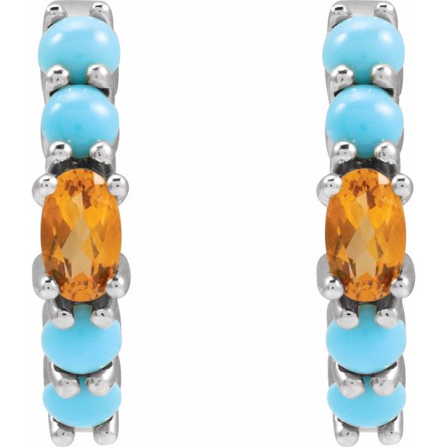 14K Rose Gold Huggie Hoop Earrings with Natural Citrine and Turquoise