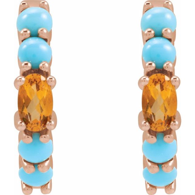 14K Rose Gold Huggie Hoop Earrings with Natural Citrine and Turquoise