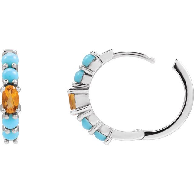 14K Rose Gold Huggie Hoop Earrings with Natural Citrine and Turquoise