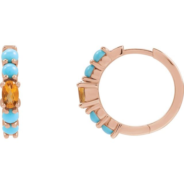 14K Rose Gold Huggie Hoop Earrings with Natural Citrine and Turquoise