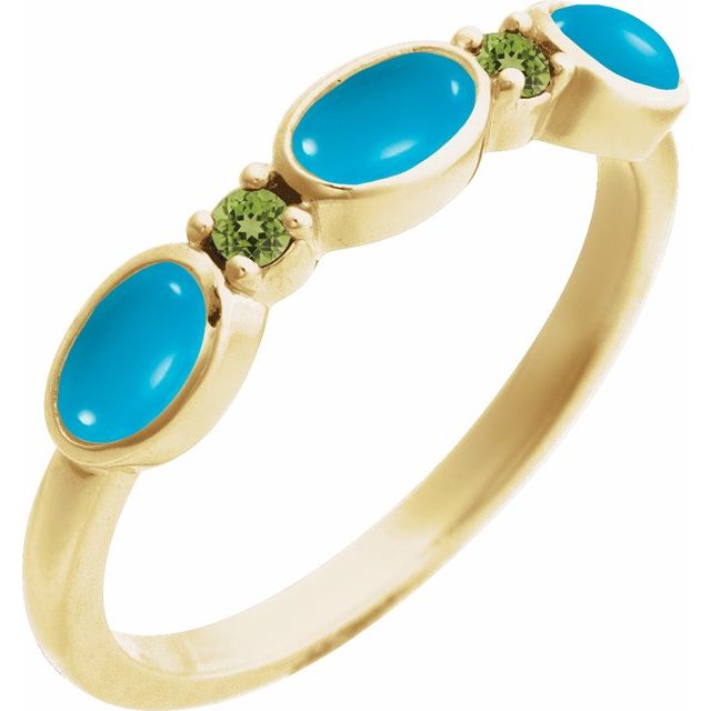 14K Gold Natural Turquoise Cabochon And Natural Peridot Stackable Ring