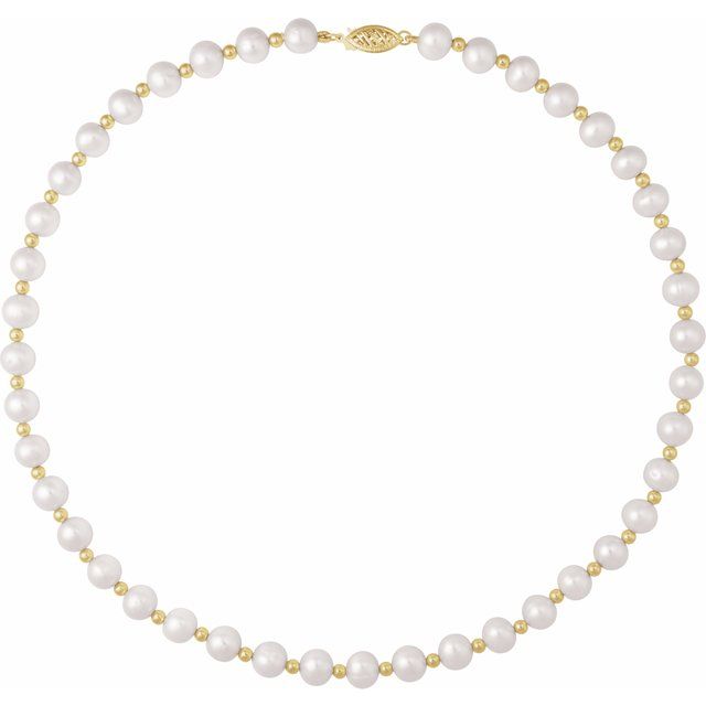 14K Yellow Gold 7-8 mm Cultured White Freshwater Pearl Necklace