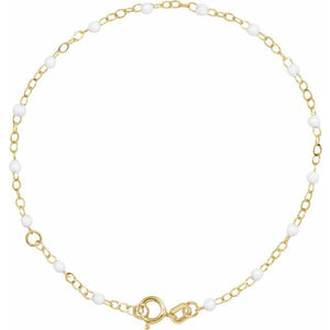 14K Yellow Gold, 2 mm Turquoise Enamel Bead Adjustable Chain - 6-7 inches