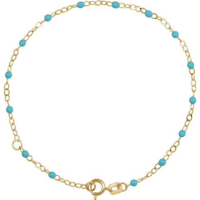 14K Yellow Gold, 2 mm Turquoise Enamel Bead Adjustable Chain - 6-7 inches