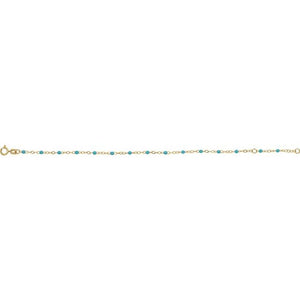 14K Yellow Gold, 2 mm Turquoise Enamel Bead Adjustable Chain - 6-7 inches