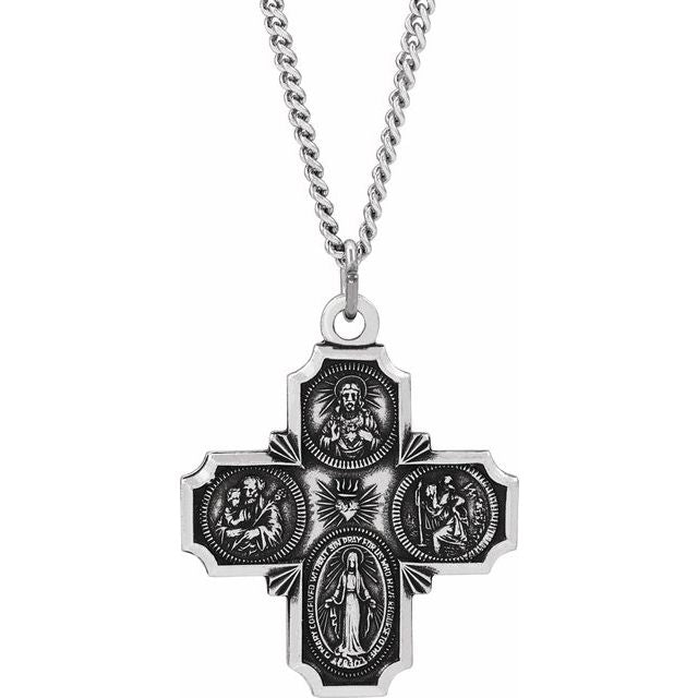 Sterling Silver 25x24 mm Four-Way Cross Medal Necklace - Faith Symbol