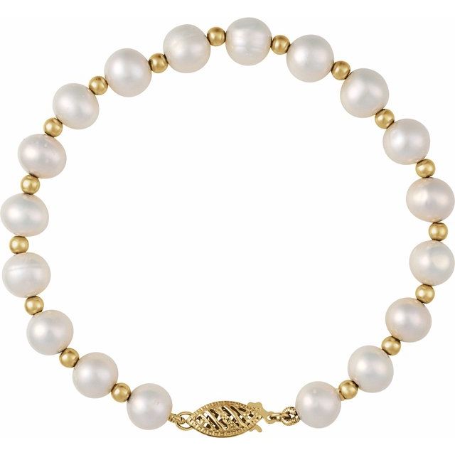 14K Yellow Gold, 7-8 mm Cultured White Freshwater Pearl Bracelet