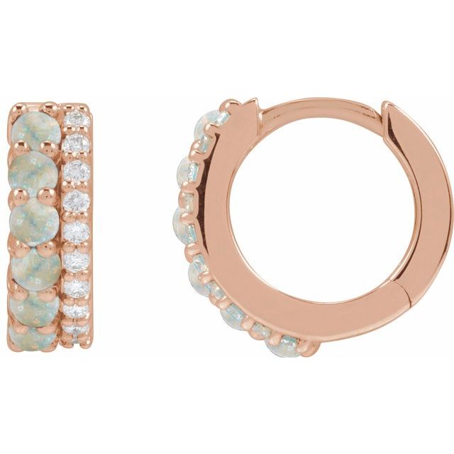 14K Rose Gold Huggie Hoop Earrings with Natural Turquoise and 1/8 CTW Diamonds