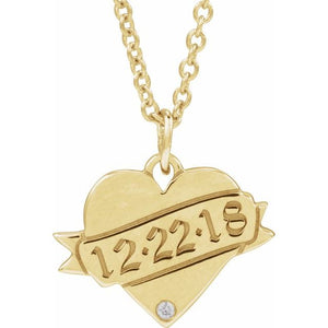 14K Yellow Gold .005 CT Natural Diamond Engravable Heart Necklace