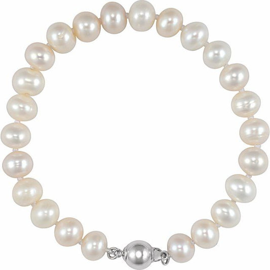 Cultured White Freshwater Pearl Bracelet | Sterling Silver | 7 3/4 In | Polished