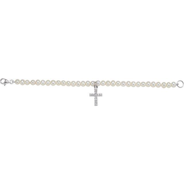 Sterling Silver, 4 mm Cultured White Freshwater Pearl & Cubic Zirconia Cross Bracelet – Elegant Design