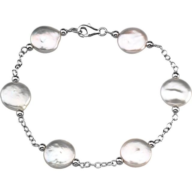 Sterling Silver 12-13  mm Cultured White Freshwater Pearl Coin 18" Necklace