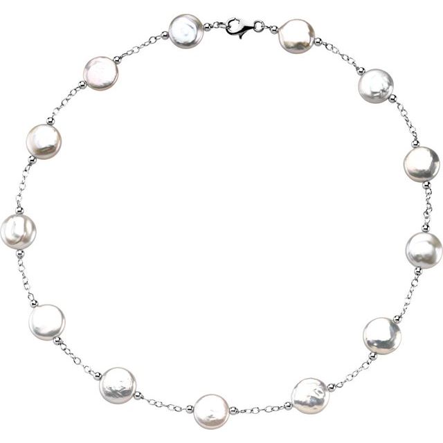 Sterling Silver 12-13  mm Cultured White Freshwater Pearl Coin 18" Necklace