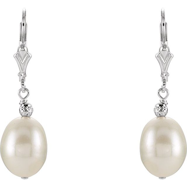 Sterling Silver 9-9.5 mm White Freshwater Pearl Leverback Earrings