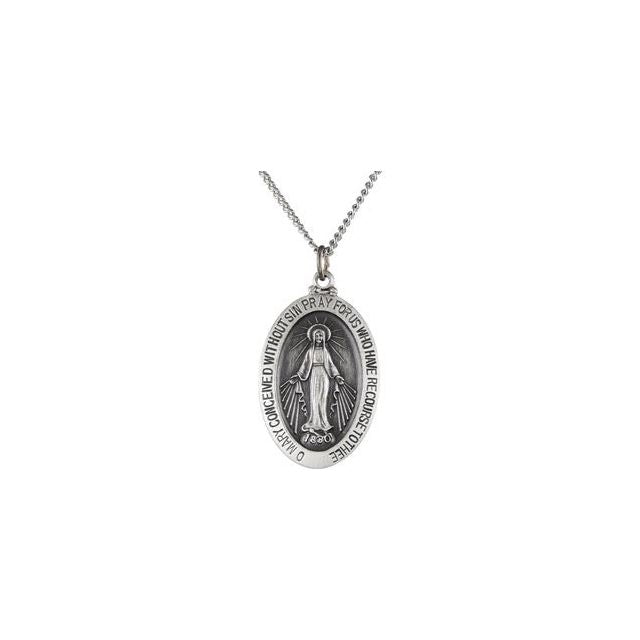 Sterling Silver 23x16  mm Oval Miraculous Medal 18" Necklace