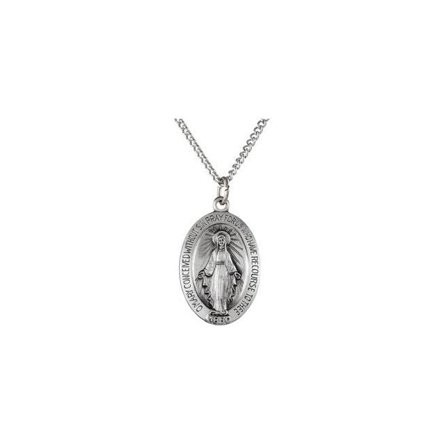 Sterling Silver 23x16  mm Oval Miraculous Medal 18" Necklace