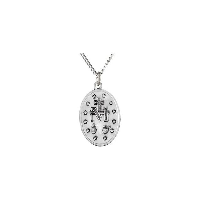 Sterling Silver 23x16  mm Oval Miraculous Medal 18" Necklace