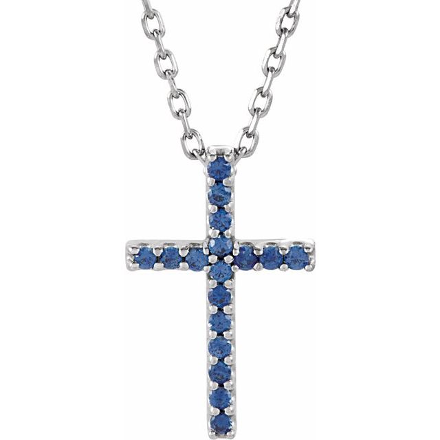 14K Gold Natural Blue Sapphire Petite Cross Necklace