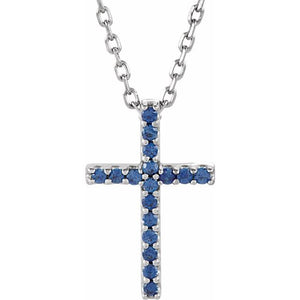 14K Gold Natural Blue Sapphire Petite Cross Necklace