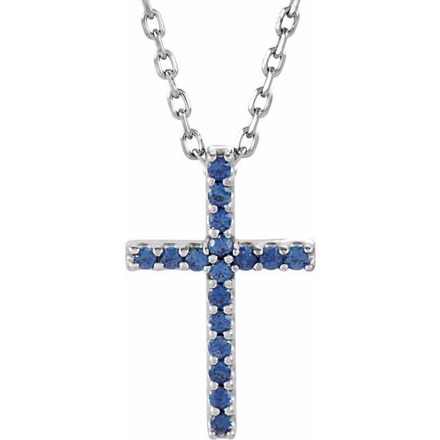 14K White Gold Petite Cross Necklace with Natural Blue Sapphires - 16 Inches