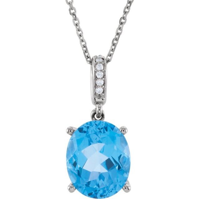 1/100 CTW Oval Natural Swiss Blue Topaz and Diamond Necklace Set in 14K Gold