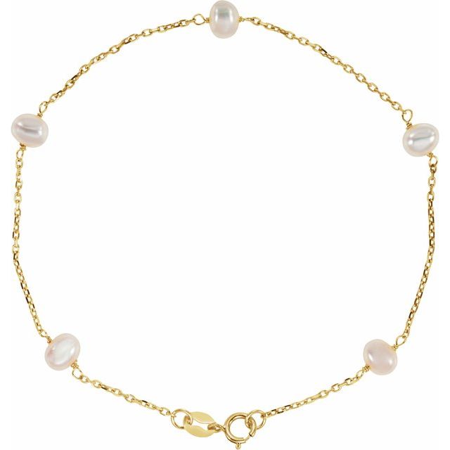 14K Gold Cultured White Pearl Station Bracelet