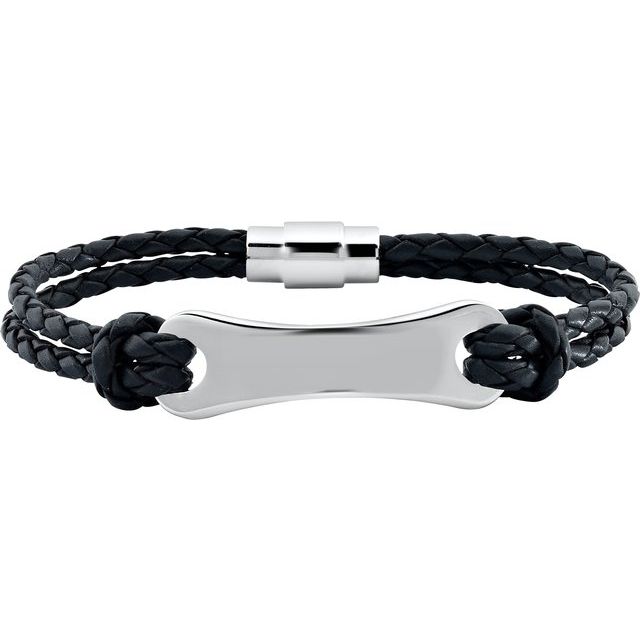 Stainless Steel 3 mm Black Leather 8" Adjustable Bracelet - Sleek Elegance