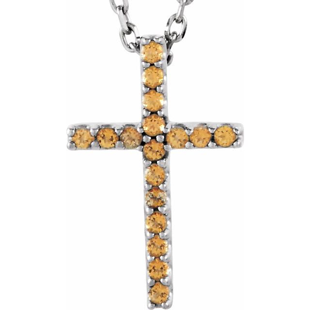 14K White Gold Petite Cross Necklace with Natural Blue Sapphires - 16 Inches