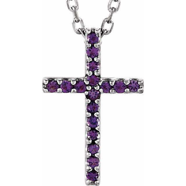 14K White Gold Petite Cross Necklace with Natural Blue Sapphires - 16 Inches