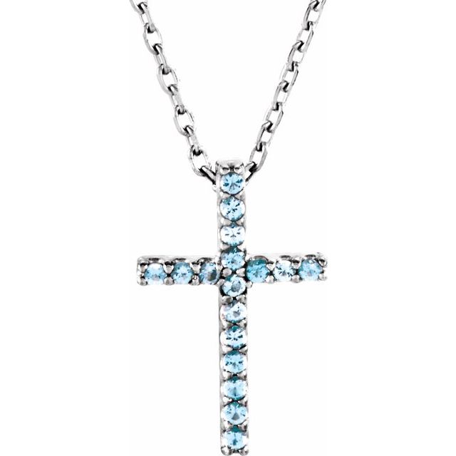 14K White Natural Blue Sapphire Petite Cross 16" Necklace