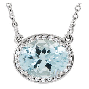 1/100 CTW Oval Natural Aquamarine and Diamond Necklace Crafted in 14K Gold