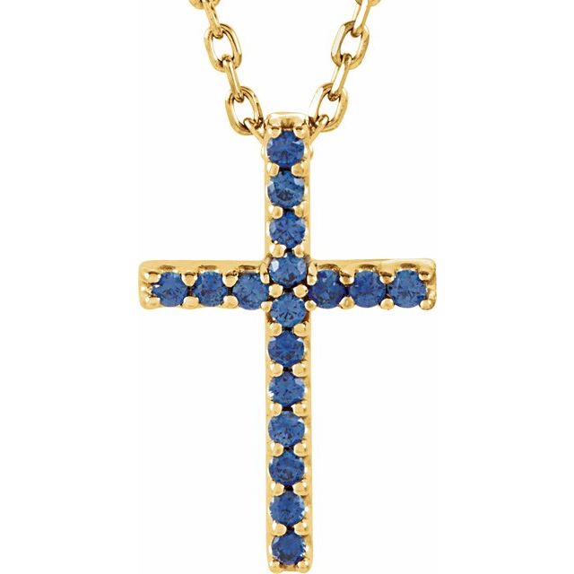 14K Gold Natural Blue Sapphire Petite Cross Necklace
