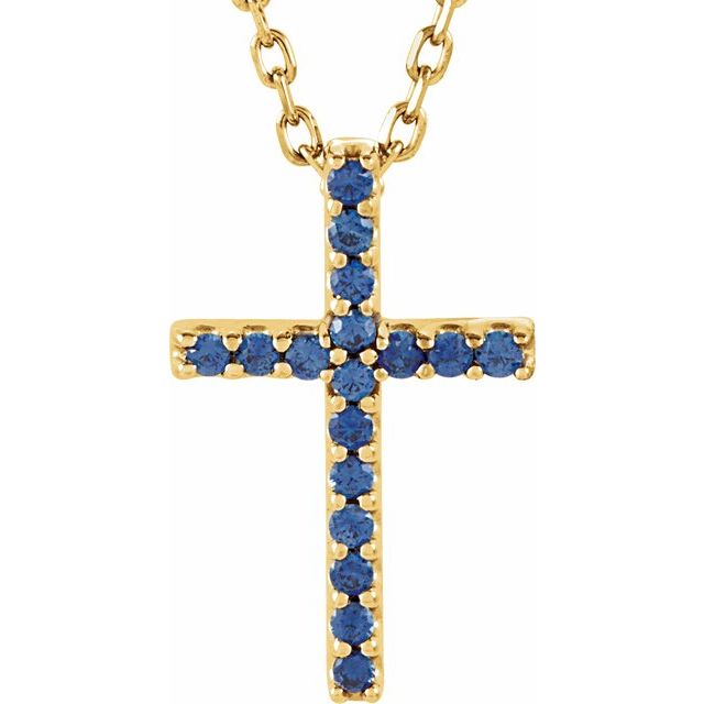 14K White Gold Petite Cross Necklace with Natural Blue Sapphires - 16 Inches