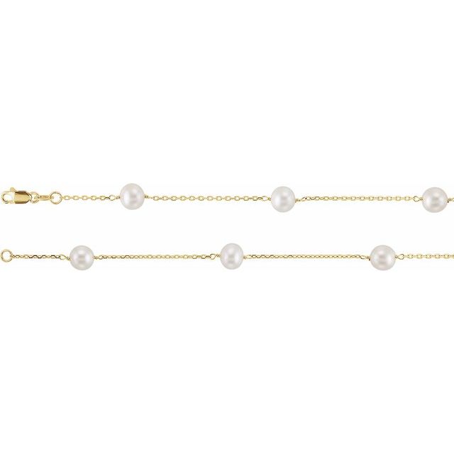 14K Gold Cultured White Pearl Station Necklace
