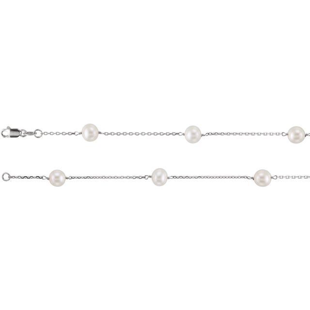 14K Gold Cultured White Pearl Station Necklace