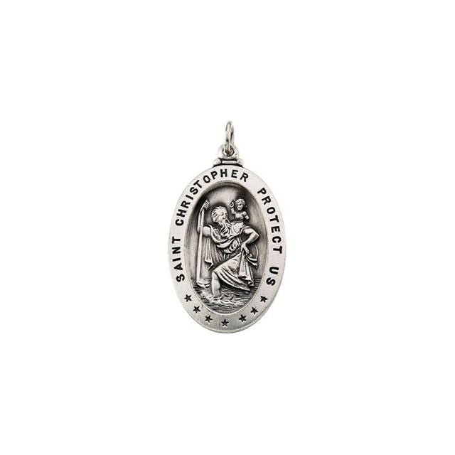 Sterling Silver 19x14 mm Oval St. Christopher Pendant Necklace