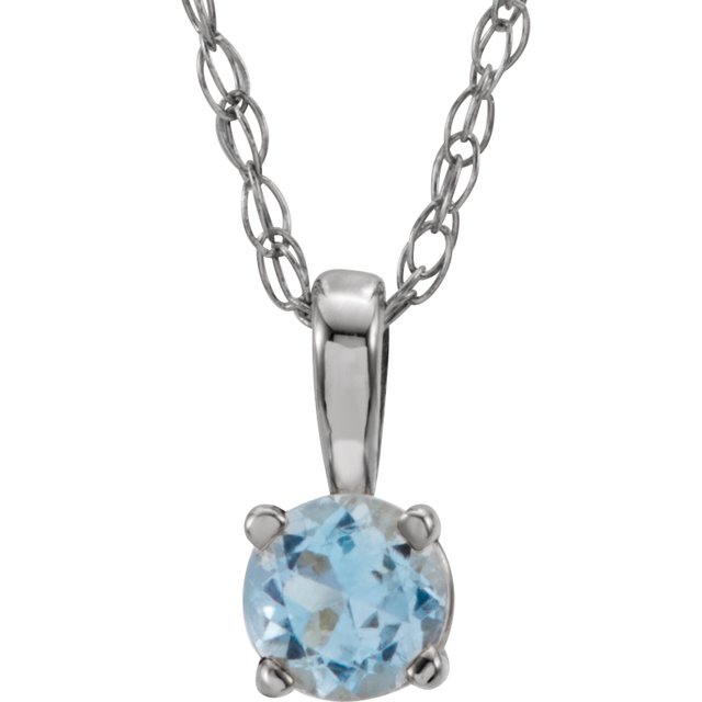 14K White 6  mm Natural Aquamarine Youth Solitaire 14" Necklace